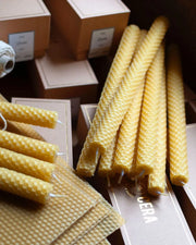 Bougies Lucienne en cire d'abeille gaufrée roulées à la main avec mèches en coton bio.