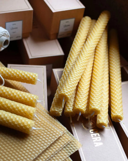 Bougies Lucienne en cire d'abeille gaufrée roulées à la main avec mèches en coton bio.