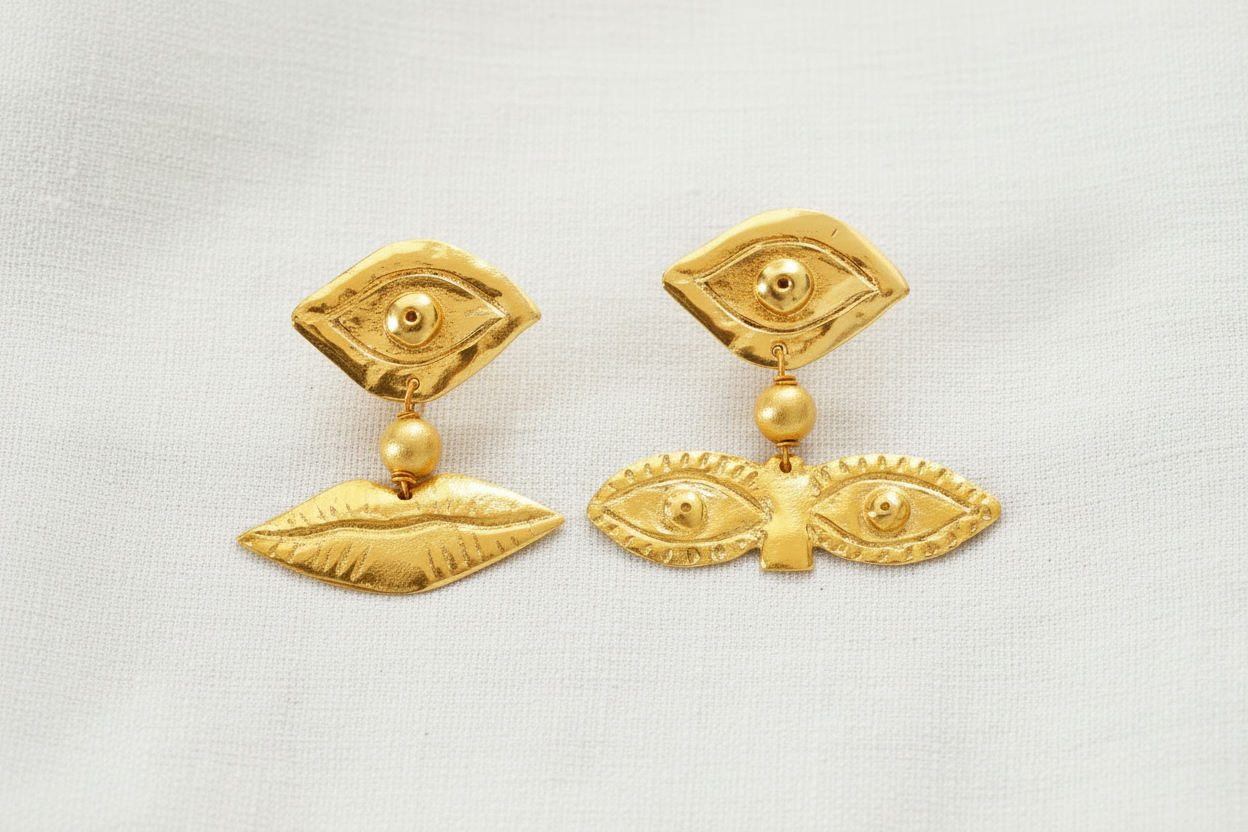 Boucles d'oreilles asymétriques en laiton plaqué or avec motifs d'yeux et de lèvres.